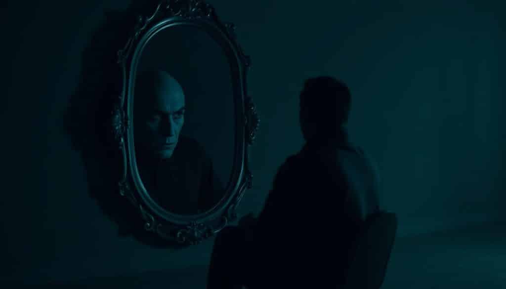 A cerebral narcissist sits alone in a dimly lit, minimalist room, lost in their own reflection. The lighting is moody, casting dramatic shadows that accentuate their sharp, angular features. Their gaze is intense, almost piercing, as they stare at themselves in a large, ornate mirror, seemingly transfixed by their own image. The background is sparse, with only a few subtle, abstract elements that suggest a sense of detachment from the physical world. The overall atmosphere is one of introspection, isolation, and a deep fascination with the self.