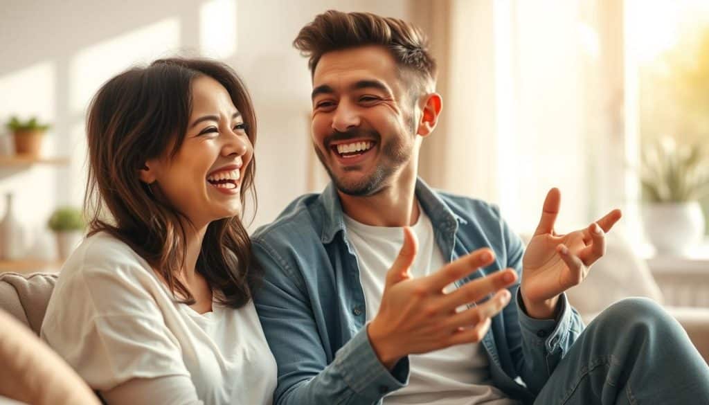 A cheerful couple playfully interacting, the woman laughing heartily while the man gestures with a warm smile, capturing the joyful, lighthearted essence of their relationship. The scene is set in a cozy, sun-dappled living room, with soft natural lighting and a blurred, inviting background that suggests a comfortable, intimate domestic space. The figures are rendered in a stylized, slightly abstract manner, emphasizing the emotional connection and shared levity between the two. The overall mood is one of endearing, genuine humor and affection.