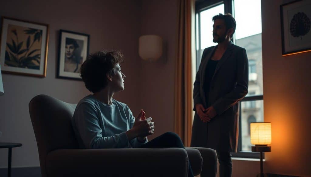 A clinical interior, dimly lit with warm hues. In the foreground, a patient sits on a plush armchair, hands clasped in a posture of reluctance. Across from them, a therapist observes with an empathetic gaze, leaning forward to establish a connection. The walls are adorned with soothing artwork, creating an atmosphere of introspection. Natural light filters in through a large window, casting a soft, pensive glow. The patient's expression is one of hesitation, yet a hint of openness begins to emerge as the session progresses. The therapist's calming demeanor invites the patient to open up and confront the complexities of their narcissistic tendencies.