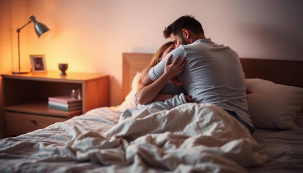 A couple embracing on a bed, with soft, warm lighting illuminating their intimacy. In the foreground, their bodies intertwined, conveying a sense of passion and connection. The middle ground features subtle hints of their relationship, such as a nightstand with a photo frame, a glass of wine, and a stack of books. The background is blurred, creating a cozy, private atmosphere, free from distractions. The image radiates a sense of emotional and physical closeness, capturing the essence of the factors that influence sexual frequency in a relationship.