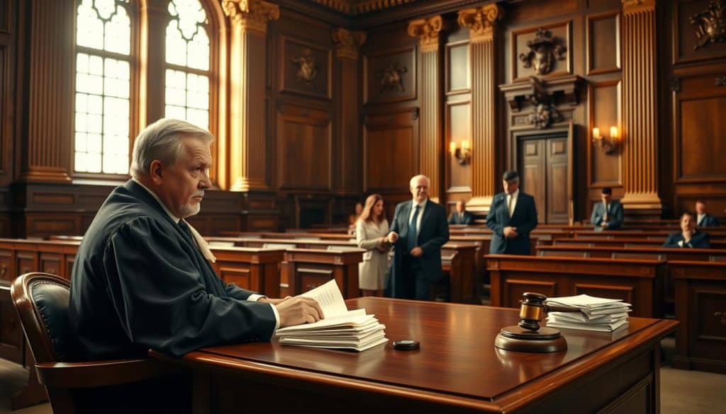 A courtroom interior with wooden benches and ornate columns, illuminated by warm natural light streaming through tall windows. In the foreground, a stern-faced judge seated at an imposing mahogany desk, gavel in hand. On the desk, a stack of legal documents representing the child support case. In the middle ground, two opposing parties - a concerned-looking parent and a legal representative - engaged in a tense discussion. The background depicts the hushed atmosphere of the courtroom, with other attendees observing the proceedings. The scene conveys the gravity and legal complexity of the child support dispute, setting the stage for the "Zahlungsverzug und rechtliche Schritte" section of the article.