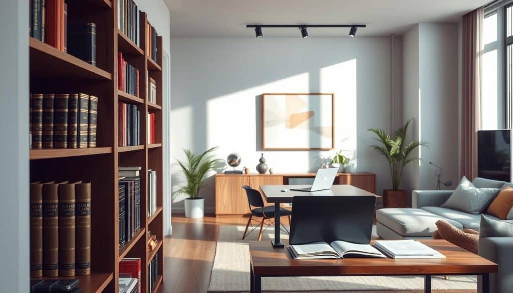 A cozy, contemporary apartment interior with natural lighting streaming through large windows, highlighting the clean lines and neutral color palette of the living space. In the foreground, a bookshelf displays various legal tomes and documents, subtly alluding to the subject of real estate law. The middle ground features a desk with a laptop and papers, conveying the sense of an active workspace focused on legal matters. The background showcases a minimalist, tasteful wall art piece that complements the overall aesthetic. The atmosphere is one of professionalism, practicality, and attention to detail, reflecting the careful considerations required in real estate-related legal proceedings.