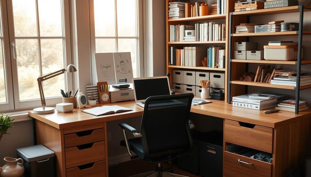 A cozy home office scene with a desk, chair, and various storage solutions such as shelves, drawers, and organizers. The desk is neatly arranged with laptop, documents, and pens, creating a practical and efficient workspace. Warm, natural lighting filters through large windows, casting a soft glow on the space. In the background, a bookshelf filled with reference materials and personal items adds a touch of homeliness. The overall atmosphere is one of productivity and order, conveying practical solutions for household organization and child-related necessities.