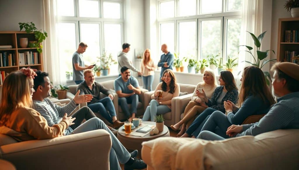 A cozy living room filled with friends gathered around, relaxed and engaged in lively conversation. Soft natural lighting filters through large windows, casting a warm glow on the scene. In the foreground, a group of people sit on plush couches, gesturing animatedly as they share stories and connect. In the middle ground, others stand or perch on chairs, sipping beverages and laughing. Bookshelves and plants line the walls, adding an inviting, homey atmosphere. The overall impression is one of closeness, support, and a sense of belonging within a supportive social network.