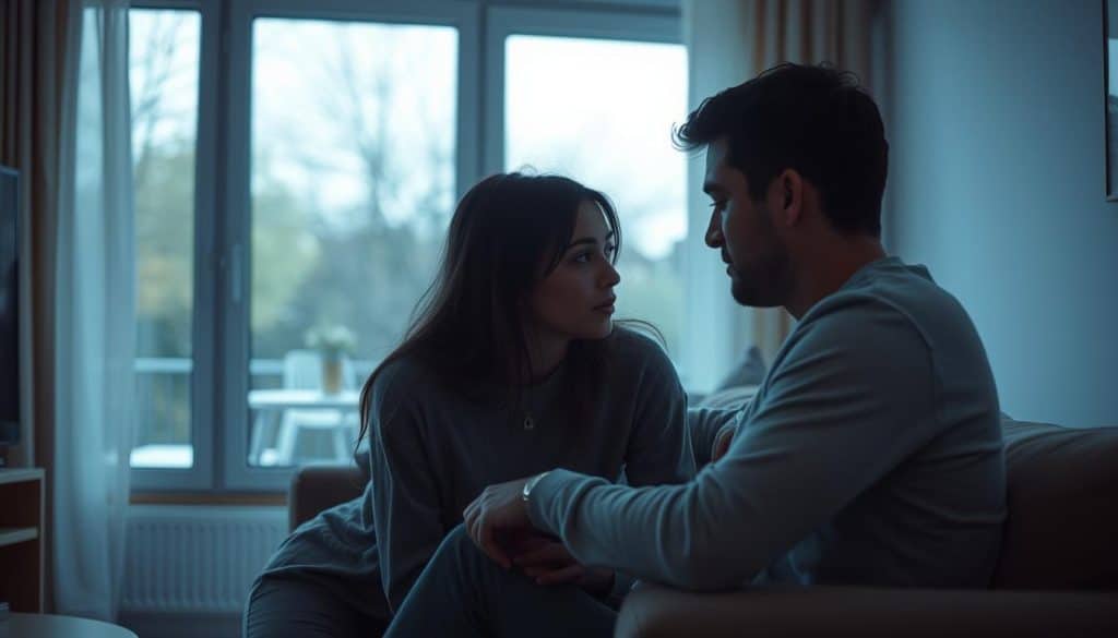 A cozy living room setting, with a pair of friends engaged in deep conversation. The soft lighting creates an intimate atmosphere, casting gentle shadows and highlights on their faces as they lean in, focused on one another. The décor is minimalist yet warm, with a large window offering a glimpse of a serene outdoor scene, hinting at the boundaries and balance between public and private realms. The mood is pensive, almost melancholic, as the two navigate the intricacies of their platonic bond. A sense of emotional vulnerability and the search for connection permeates the scene, capturing the essence of "Platonische Intimität und ihre Grenzen".