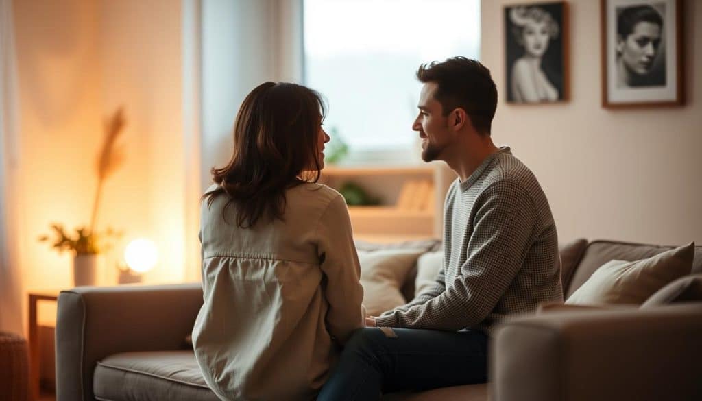 A cozy scene of a couple meeting in a peaceful, minimalist living room. Soft, warm lighting casts a gentle glow, creating an intimate atmosphere. The two figures sit facing each other, engaged in an earnest conversation, their body language conveying a sense of connection and understanding. The background is hazy, with muted, neutral tones that allow the focus to remain on the interaction between the partners. Hints of personal touches, such as a potted plant or a framed artwork, add to the sense of a shared, comfortable space. The overall mood evokes a feeling of tranquility, openness, and the quiet importance of regular, meaningful exchanges within a relationship.