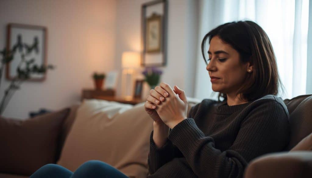 A cozy, well-lit living room, bathed in soft, warm lighting. In the foreground, two people sitting closely on a comfortable couch, their hands clasped together in a gesture of emotional support and understanding. Their faces are calm, yet their expressions convey a sense of empathy and compassion. The background is slightly blurred, creating a sense of intimacy and focus on the central figures. The decor is minimalist, with subtle textures and muted colors, enhancing the serene and comforting atmosphere. The overall mood is one of solace, care, and a safe space for emotional healing.