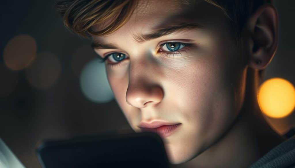 A detailed close-up of a young person's face, enraptured by a glowing smartphone screen, bathed in a soft, ambient light. The subject's eyes are intense, transfixed, their expression one of profound absorption. The background is a blurred, hazy world, signifying the individual's detachment from their physical surroundings, lost in the captivating glow of social media. The image conveys a sense of narcissistic self-indulgence, a deep immersion in the digital self-reflection of online platforms, highlighting how modern technology can foster a detached, self-obsessed worldview.