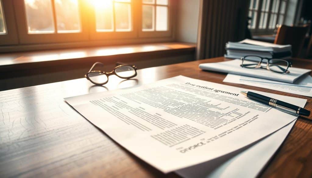 A detailed divorce settlement agreement, meticulously crafted, lies open on a hardwood table. Sunlight filters through large windows, casting a warm, contemplative glow. The document's pages are adorned with carefully written clauses, every word weighted with significance. Surrounding it, a stack of legal documents, a pen, and a pair of reading glasses, hinting at the careful consideration that went into its creation. The atmosphere is one of seriousness and resolution, reflecting the gravity of the decisions being made. The image conveys the idea of a common solution to the complexities of divorce, reached through negotiation and compromise.