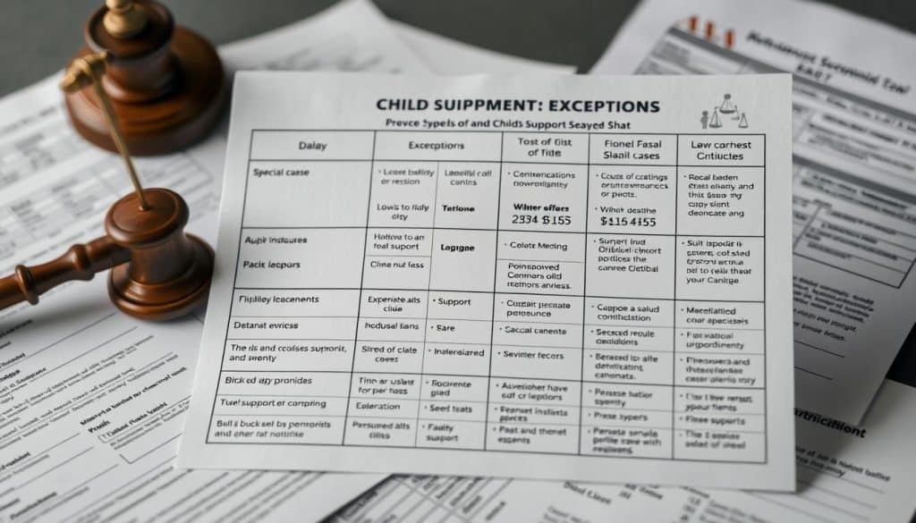 A detailed financial chart laying out various exceptions and special cases in the calculation of child support, depicted with a serious and analytical tone. The chart is shown against a muted background of legal documents and financial records, casting an air of professional expertise. The layout is clean and well-organized, using clear icons and infographic elements to efficiently convey the complex information. Subtle lighting and a depth of field focus draw the viewer's attention to the key details. The overall impression is one of a comprehensive, authoritative guide to the nuances of child support laws and regulations.