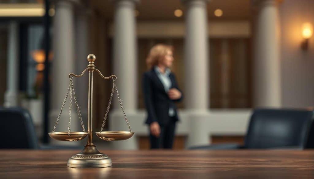 A detailed illustration of the concept of "Versorgungsausgleich" in a divorce settlement. In the foreground, a personified scale symbolizes the fair and equitable division of pension entitlements between spouses, balancing their respective retirement benefits. The middle ground depicts a couple in thoughtful discussion, representing the negotiation process. In the background, a blurred courthouse or legal office setting conveys the legal context. The scene is rendered in a muted, professional color palette, with soft lighting and a sense of balance and resolution, reflecting the purpose of the Versorgungsausgleich to provide a fair outcome for both parties.