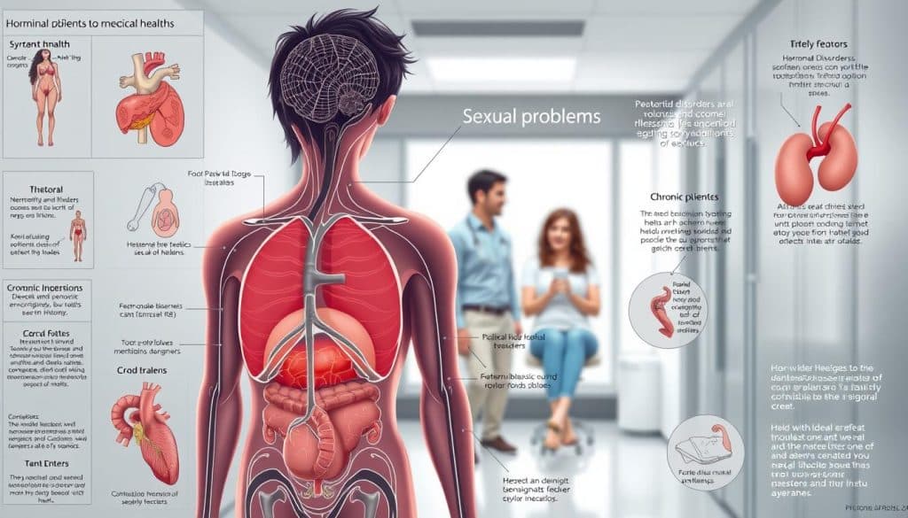 A detailed medical illustration showcasing the potential medical causes for sexual problems. The foreground depicts various human anatomical diagrams and infographics related to sexual health, with labels and annotations highlighting key factors like hormonal imbalances, neurological disorders, and chronic illnesses. The middle ground features a softly blurred lifestyle scene of a concerned couple, suggesting the emotional and relational impact of these conditions. The background is a serene, minimalist medical setting with clean lines and muted colors, conveying a sense of professional, objective analysis. Rendered in a precise, technical style with high-quality, photorealistic details to maximize educational and informative value.
