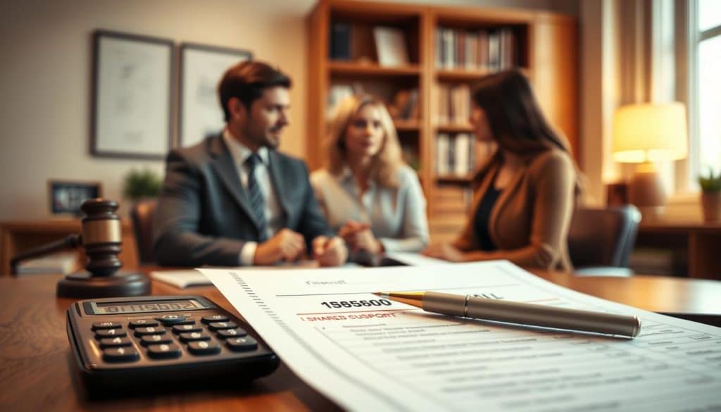 A detailed scene depicting the legal concept of "Wechselmodell" (shared custody model) in a warm, professional atmosphere. In the foreground, a financial document or calculator representing the financial aspects of child support and custody arrangements. In the middle ground, two adults, a man and a woman, engaged in a constructive discussion, their body language conveying cooperation and compromise. In the background, a warm-toned office setting with bookshelves, suggesting a legal or professional environment. Soft, indirect lighting illuminates the scene, creating a sense of thoughtfulness and understanding. The overall composition suggests the complexities and considerations involved in navigating the "Wechselmodell" within the context of child support and custody.