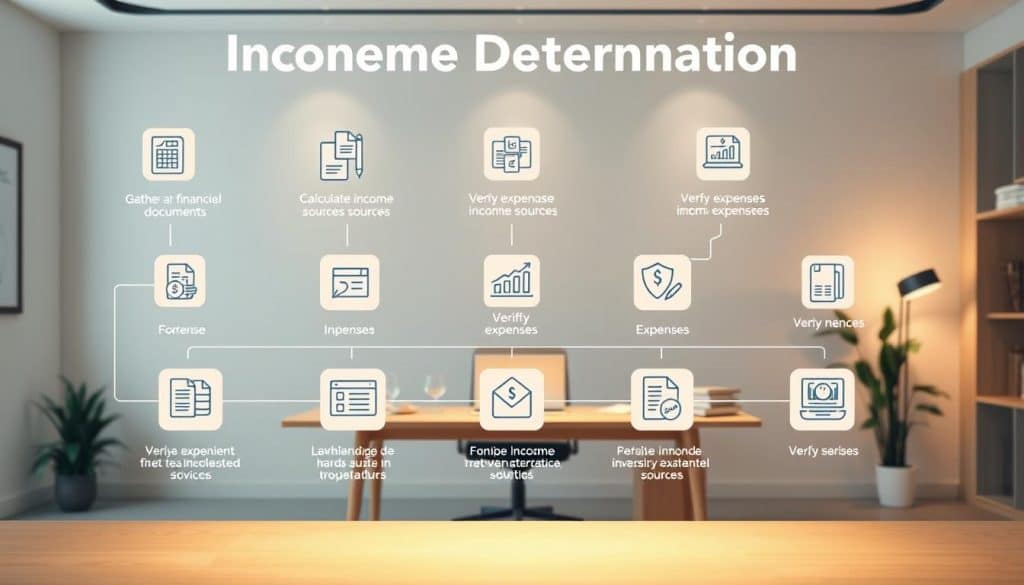 A detailed, step-by-step illustration of the income determination process. In the foreground, an organized series of icons and infographic elements visualizing the key stages, such as gathering financial documents, calculating income sources, and verifying expenses. The middle ground features a neutral-toned office setting with a desk, laptop, and other work tools, bathed in warm, focused lighting. The background subtly suggests a sense of professionalism and legality, with clean lines, neutral colors, and a hint of German architecture. The overall mood is one of competence, precision, and a systematic approach to personal finance management.