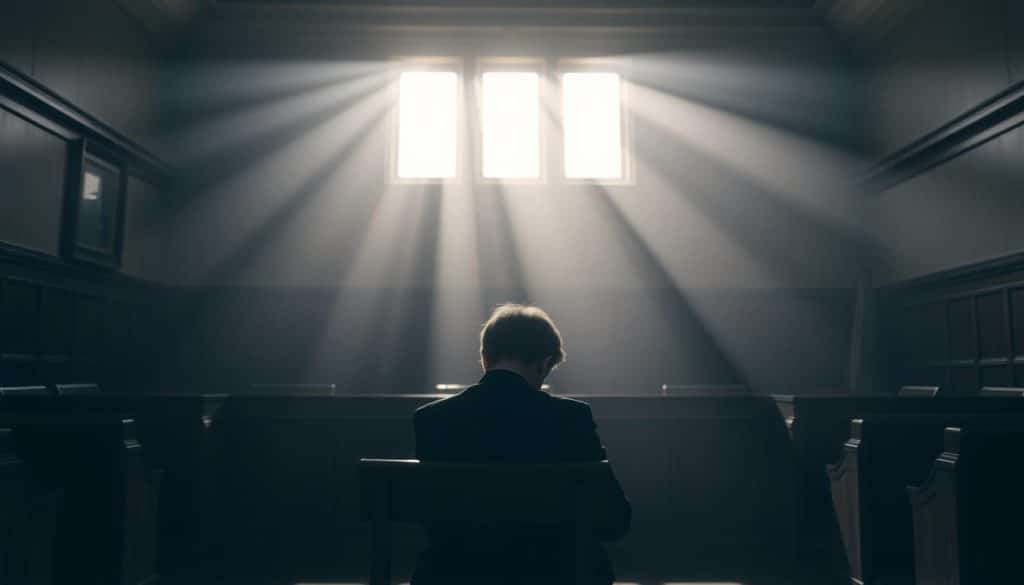 A dimly lit courtroom interior, with a sense of solemnity and gravitas. In the foreground, a wooden bench where a person sits, their head bowed in contemplation. Rays of light stream in through high windows, casting a somber glow on the scene. The background is hazy, with muted colors and a sense of quiet profundity, hinting at the complexities and exceptions surrounding the legal obligation of alimony. The composition is balanced, with a focus on the central figure, conveying the weight and nuance of the subject matter. The mood is reflective, inviting the viewer to consider the circumstances that may exempt one from the duty of financial support.