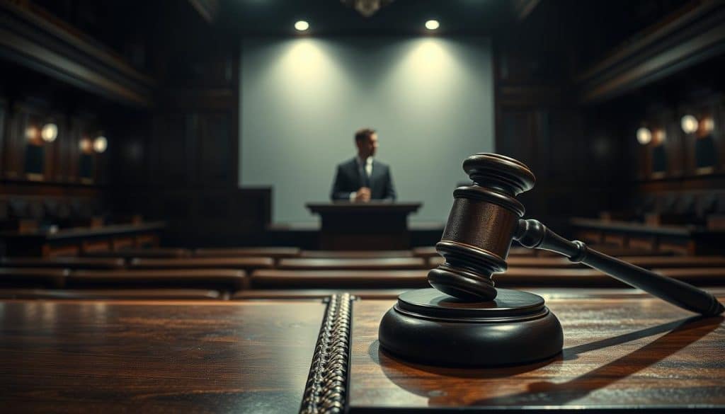 A dimly lit courtroom interior, with wooden benches and a raised dais. In the foreground, a judge's gavel rests on a ornate desk, symbolizing the end of a legal proceeding. The middle ground depicts a contemplative figure, presumably a lawyer or legal expert, deep in thought. The background is hazy, suggesting the weight and complexity of legal matters. Soft, moody lighting casts dramatic shadows, creating an atmosphere of solemnity and finality. The scene conveys the notion of a terminated obligation, the cessation of a legal duty, visually representing the conceptual idea of "Beendigung Unterhaltspflicht".