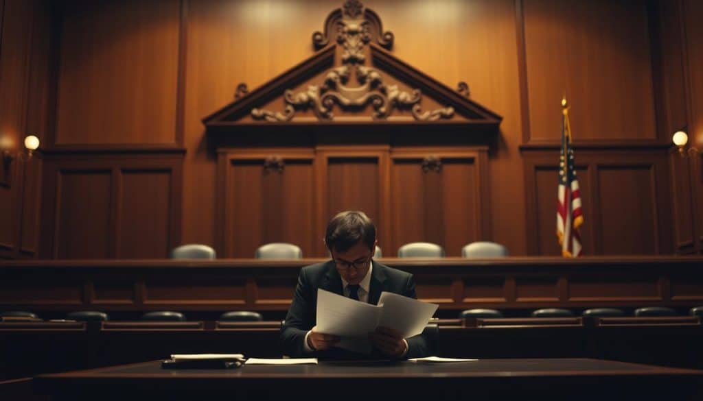 A dimly lit courtroom scene, with a lone figure sitting at a desk, silently contemplating legal documents. Soft shadows cast across their face, conveying a somber, pensive mood. In the background, a large, ornate wooden bench looms, evocative of the gravity of the situation. The lighting is warm and subdued, creating an atmosphere of solemnity and introspection. The camera angle is slightly elevated, suggesting the weight of the decision being made. The composition draws the viewer's attention to the central figure, who represents the complex and emotionally charged process of obtaining sole custody of a child.