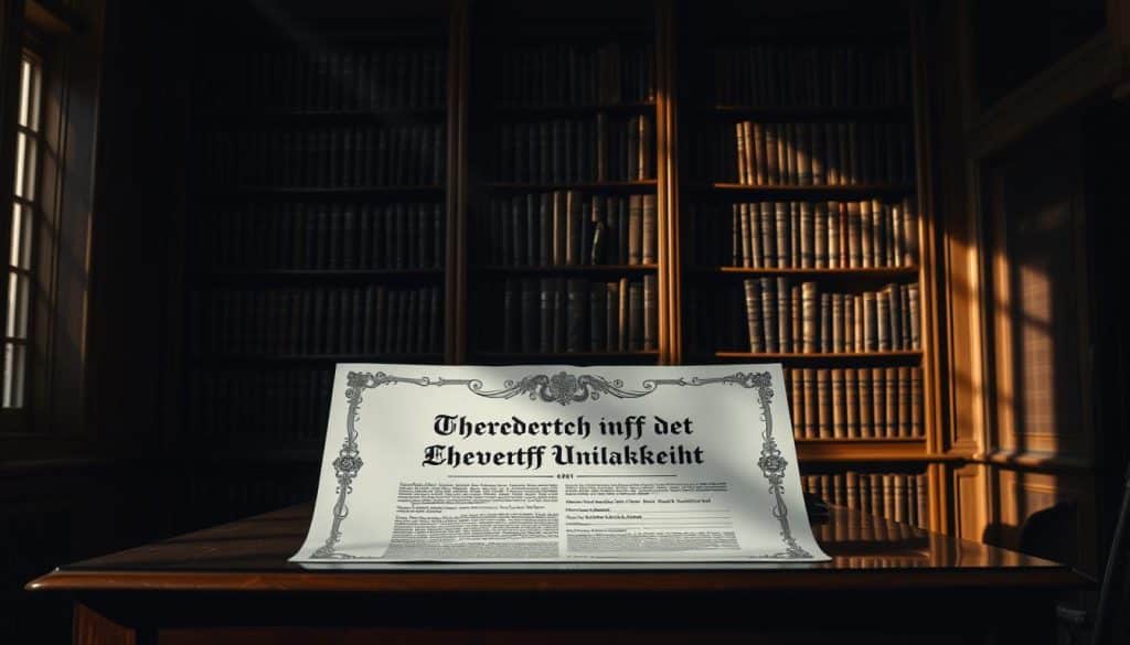 A dimly lit interior setting, with a large, ornate legal document prominently displayed on a wooden desk. The document's title, "Ehevertrag Ungültigkeit," is clearly visible, suggesting the invalidity or annulment of a marriage contract. The desk is situated in front of a towering bookcase, casting long shadows and creating a sense of authority and gravitas. Subtle beams of light filter through a window, illuminating the scene and adding a somber, contemplative atmosphere. The overall composition evokes a sense of legal significance and the gravity of the subject matter.