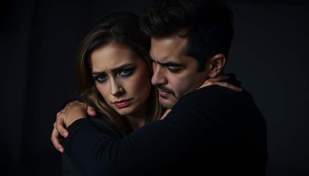 A dimly lit room, the air thick with tension. In the foreground, a couple locked in a heated embrace, their facial expressions conveying a complex mix of emotions - love, frustration, and uncertainty. The woman's brow is furrowed, her eyes filled with a vulnerability that hints at the challenges of a Borderline relationship. The man's posture is tense, his body language suggesting a struggle to maintain balance and stability. Soft, dramatic lighting casts deep shadows, adding to the sense of an intense, turbulent dynamic. The background is blurred, drawing the viewer's focus to the central figures and the intense emotional interplay between them.