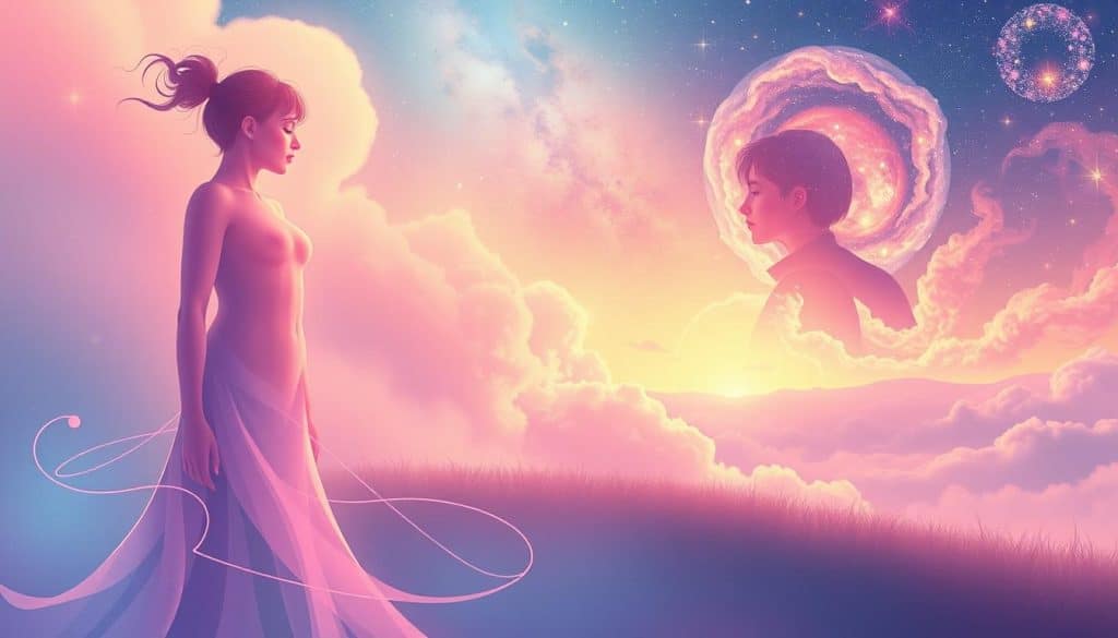 A dreamy, conceptual illustration depicting alternative relationship dynamics to traditional monogamy. In the foreground, an ethereal, androgynous figure represents fluid, non-exclusive intimacy, surrounded by wisps of pastel-colored energy. The middle ground features a trio of interconnected forms, symbolizing polyamorous connections. In the distant background, a cosmic landscape of swirling galaxies and nebulae suggests the boundless possibilities of love and connection. The scene is bathed in a warm, soft light, creating an atmosphere of openness, acceptance, and emotional intimacy.