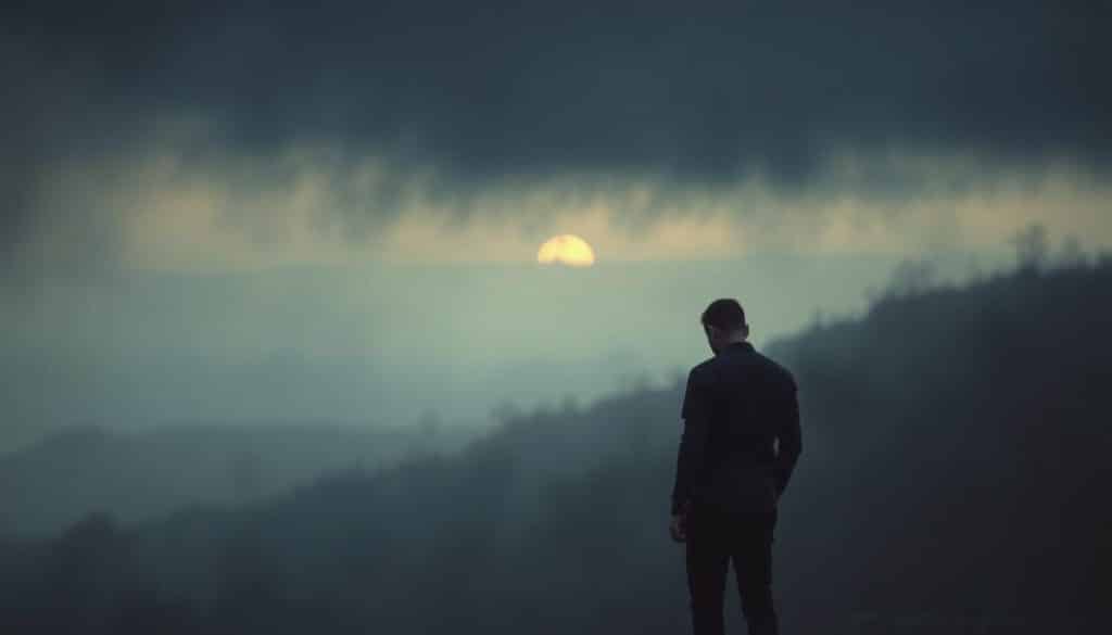 A faint sense of self-worth hangs in the air, an ephemeral flame flickering amidst the shadows of a Borderline's post-breakup turmoil. In the foreground, a solitary figure stands, their gaze downcast, shoulders hunched, a visual metaphor for the internal struggle to reclaim a sense of identity. The middle ground is a hazy, dreamlike realm, with muted colors and blurred edges, reflecting the disorientation and emotional fragility. The background features a distant horizon, a glimmer of hope, but shrouded in the mist of uncertainty. Soft, diffused lighting casts a melancholic glow, while a shallow depth of field emphasizes the introspective, isolated nature of this moment. This image seeks to capture the essence of a Borderline's journey through the aftermath of a relationship's end, the delicate balance between self-doubt and the faint embers of self-worth.