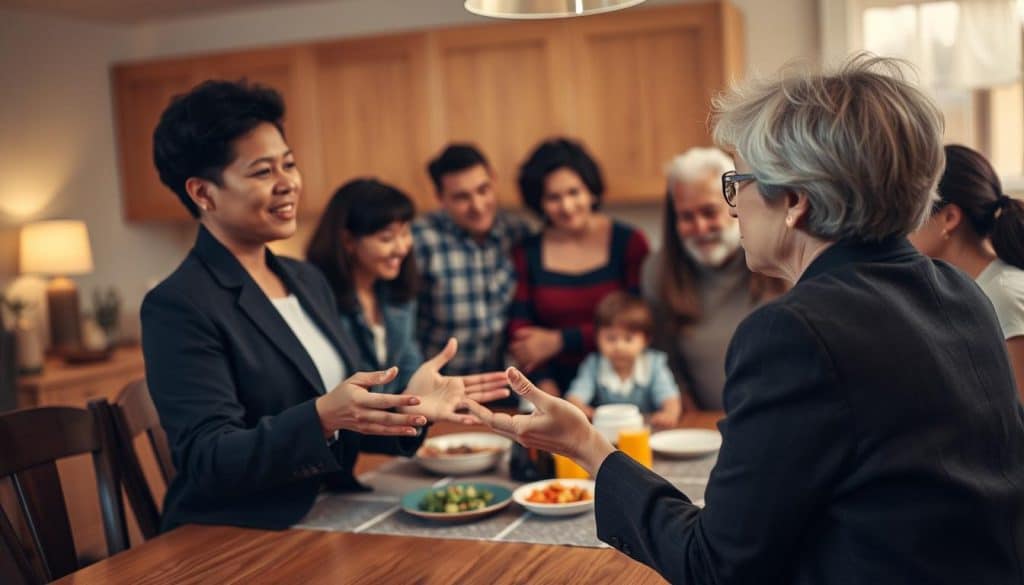 A family gathered around a kitchen table, engaged in a lively discussion about family policy. In the foreground, a single parent, dressed in a smart, professional outfit, gestures animatedly as they explain their perspective. In the middle ground, a mix of diverse family structures - a same-sex couple, a multigenerational family, and a single parent with a young child - listen intently, reflecting the diverse nature of modern families. The background is softly blurred, emphasizing the focus on the central discussion. Warm, diffused lighting creates a cozy, intimate atmosphere, suggesting the importance of these family policy conversations. The overall scene conveys the central role of single parents in shaping family-focused legislation and the need for inclusive, representative policymaking.