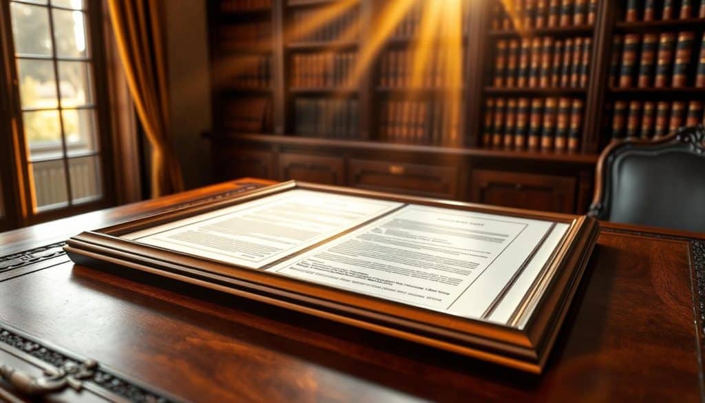 A formal, elegantly framed international marriage contract lies on an ornate wooden desk. Rays of warm, golden light filter through tall windows, casting a soft glow on the document. In the background, a bookshelf filled with leather-bound volumes suggests a refined, scholarly setting. The contract's pages are meticulously detailed, reflecting the gravity and importance of the legal agreement. Subtle textures and patterns in the desk and furnishings add depth and visual interest. The overall atmosphere conveys a sense of tradition, stability, and the gravity of the occasion, perfectly suited to illustrate the "Ehevertrag in internationalen Ehen" section.