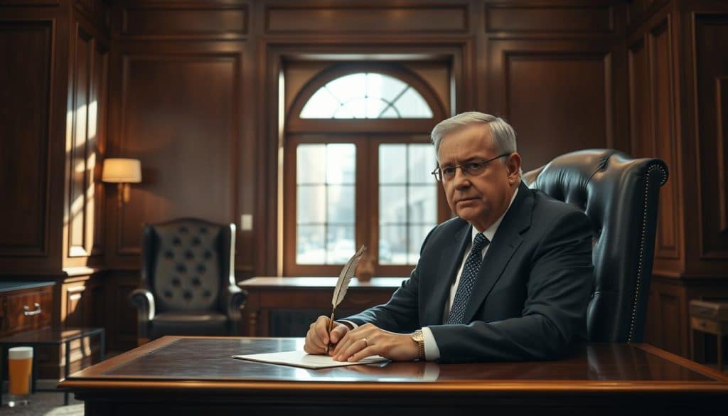 A formal, wood-paneled office interior with a large, imposing desk and a sturdy, high-backed chair. Warm, directional lighting casts subtle shadows, creating a serious, professional atmosphere. In the foreground, a middle-aged notary public in a tailored suit sits at the desk, signing documents with a quill pen. The notary's face is thoughtful, conveying the solemn responsibility of their role. Behind the desk, a large window offers a view of a bustling city street, emphasizing the notary's role as a respected, integral part of the legal system. The overall scene evokes a sense of gravitas, tradition, and the importance of the notarial process.