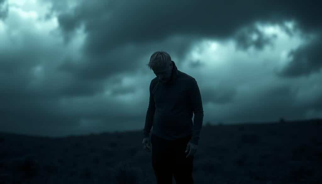 A grim, oppressive landscape with dark, ominous clouds looming overhead. In the foreground, a solitary figure stands alone, their shoulders hunched, their expression weary and burdened. The figure is surrounded by a haze of melancholy, their body language conveying a sense of emotional exhaustion and the heavy weight of long-lasting consequences. The background is blurred, hinting at the complexities and entanglements that have led to this state of being. The lighting is somber, casting long, dramatic shadows that accentuate the sense of isolation and the profound impact of the situation. The overall atmosphere evokes a profound sense of the lasting effects of difficult personal dynamics and the toll they can take on an individual over time.