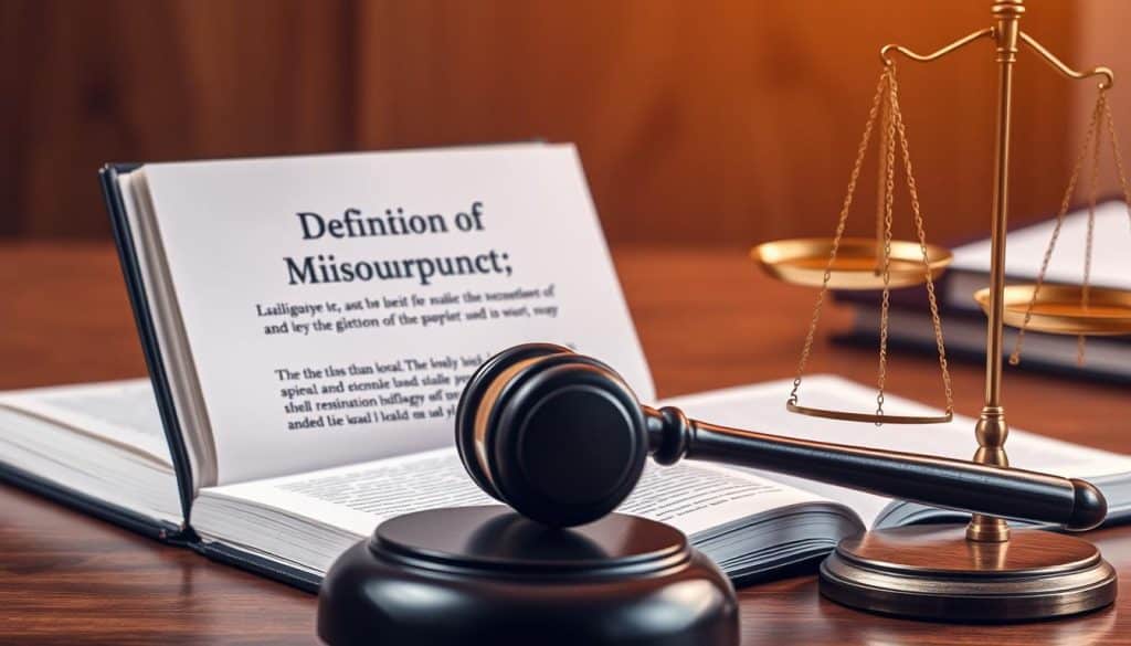 A legal definition of misconduct displayed on a law book placed on a wooden desk, with a gavel and scales of justice in the foreground. The image is captured in warm, soft lighting, creating a contemplative, professional atmosphere. The background is slightly blurred, keeping the focus on the central legal elements. The composition is balanced, with the book positioned to the left and the gavel and scales to the right, creating a sense of symmetry and order.