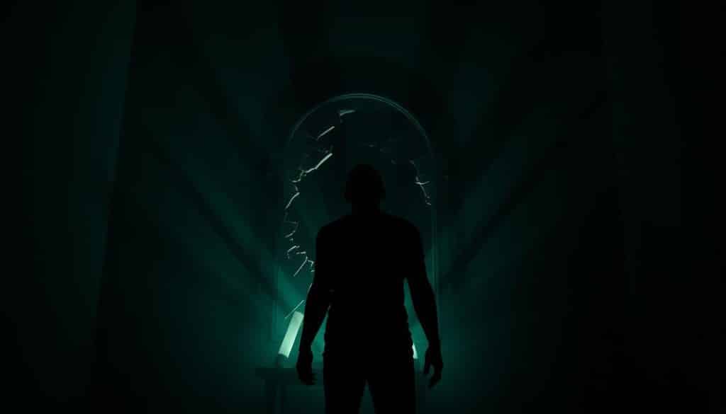 A lone, brooding figure stands in the center, their face contorted with anguish and rage. Shadows loom large, casting a somber, heavy atmosphere. In the background, a shattered mirror reflects a distorted, fractured self-image. Streaks of light cut through the darkness, casting an uneasy, unsettling glow. The scene is bathed in a sickly green, evoking a sense of unease and discomfort. The composition is tightly framed, heightening the sense of claustrophobia and inner turmoil. The overall mood is one of deep psychological anguish, a visual representation of the long-term impact of constant criticism on the narcissistic psyche.
