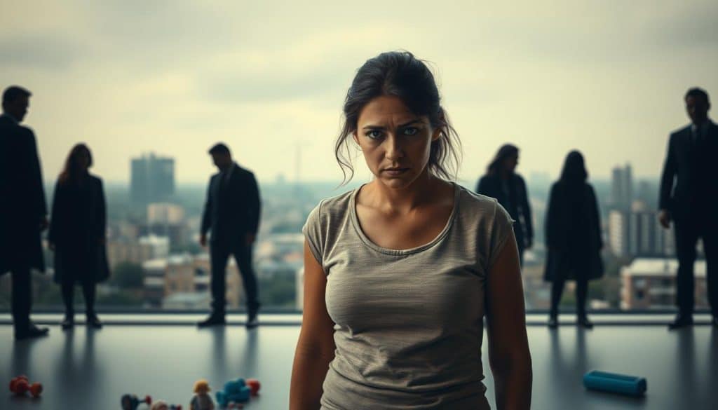 A lone woman, her face drawn with exhaustion, stands in the center of the frame. Behind her, shadowy figures represent the judgmental gazes and societal expectations she navigates daily as a single parent. The lighting is soft and muted, casting a melancholic hue over the scene. In the foreground, a child's toys lie scattered, a tangible reminder of the challenges she faces. The composition emphasizes the woman's isolation, her shoulders hunched, yet her gaze remains defiant, a glimmer of resilience shining through. An urban landscape recedes into the background, symbolizing the broader social context that can be both indifferent and unforgiving towards those who stray from traditional family structures.
