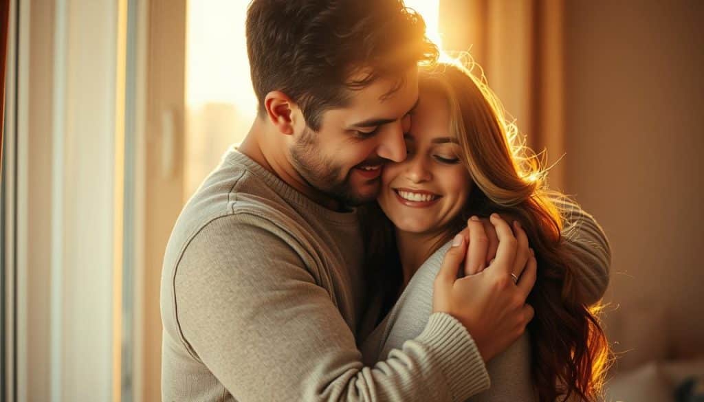 A loving couple embracing under warm, golden lighting. Soft, diffused sunlight filters through a window, casting a gentle glow on their affectionate bodies as they hold each other close. Their expressions convey a deep sense of intimacy, tenderness and comfort in each other's presence. The background is blurred, keeping the focus on the couple's heartfelt connection. The composition highlights the couple's togetherness, emphasizing the theme of cherishing the love and affection in a relationship.