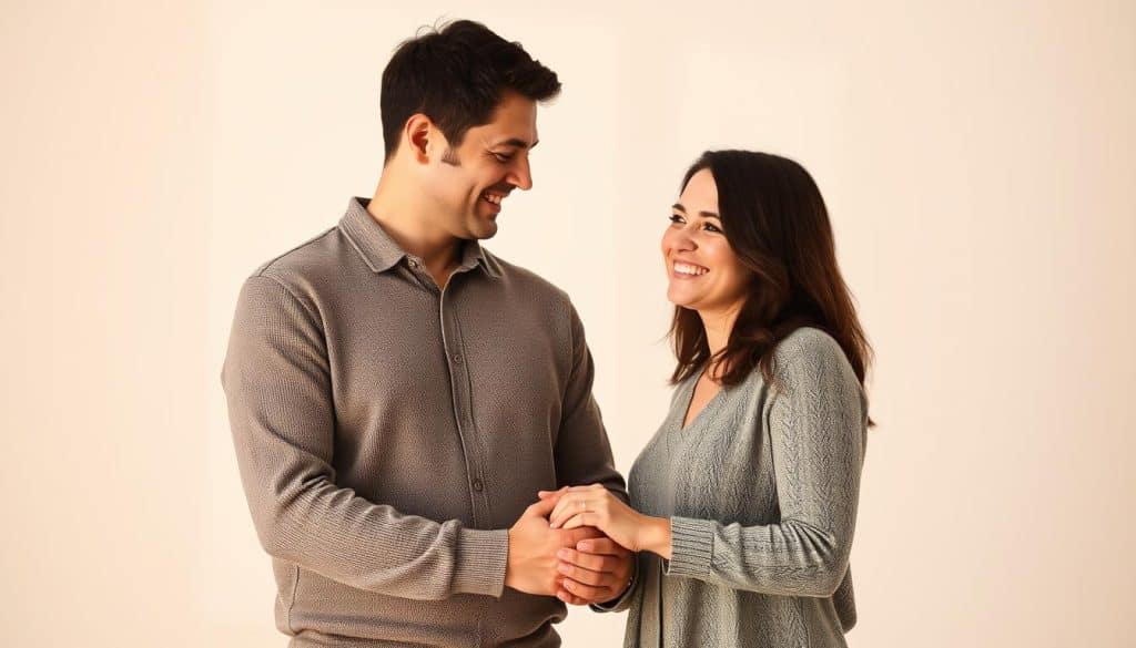 A loving couple, hands intertwined, standing together against a soft, blurred background. Their faces radiate warmth and contentment, conveying a sense of stability and trust. The lighting is gentle, creating a serene, intimate atmosphere. The composition is balanced, with the couple positioned centrally, occupying the middle ground. The overall scene suggests a journey towards a lasting, committed partnership after weathering past challenges.