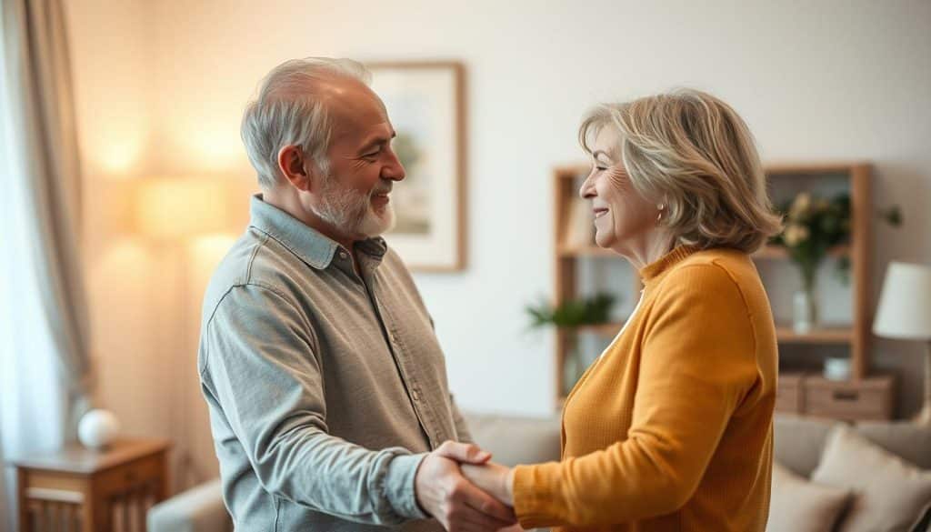 A loving middle-aged couple holding hands and gazing into each other's eyes, set against a cozy domestic scene with warm lighting. The man and woman are of differing ages, but their connection is palpable. The background features tasteful furnishings and a sense of comfort and intimacy, suggesting a safe haven for their relationship. Soft focus and a shallow depth of field draw the viewer's attention to the couple's affectionate interaction. An uplifting, heartwarming atmosphere pervades the image, reflecting the joys and challenges of a relationship with an age gap.