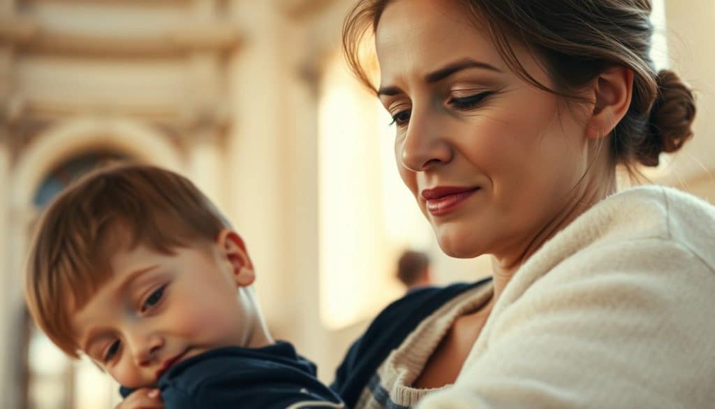 A loving mother gazes adoringly at her self-absorbed son, her eyes shining with a mix of devotion and quiet resignation. The scene is bathed in the warm glow of natural light, casting a soft, ethereal quality over the intimate moment. In the background, a blur of elegant, classical architecture hints at a world beyond the simple, human interaction at the center of the frame. The composition is balanced, the focus sharp, with a sense of quiet contemplation pervading the image. The son, lost in his own reflection, seems unaware of his mother's unwavering affection, creating a poignant contrast between the exchange of love and admiration.