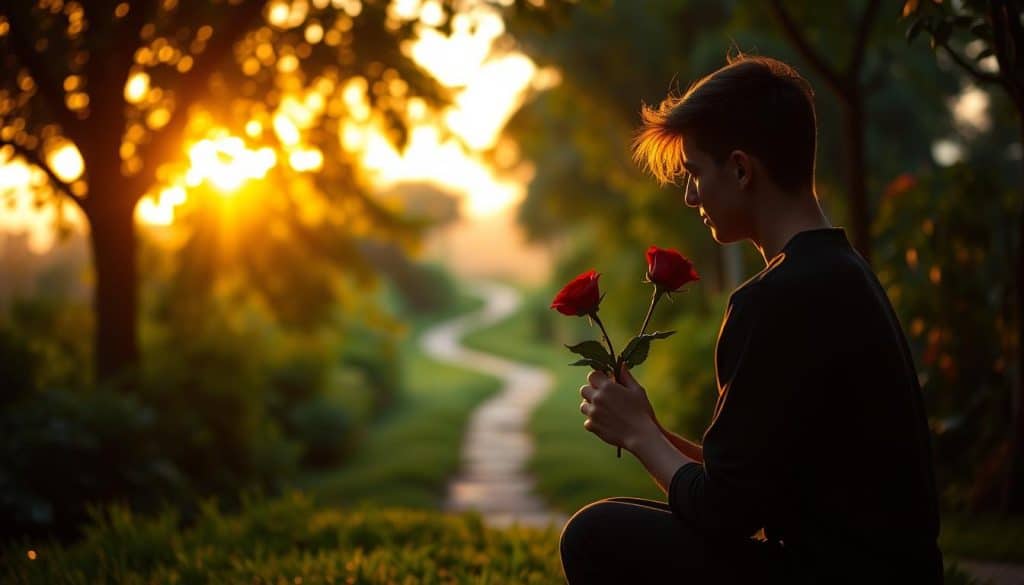 A lush, romantic garden at twilight, with a sole figure kneeling in the foreground, gazing longingly at a single red rose cupped in their hands. Warm, golden light filters through the trees, casting a soft glow on the figure's face, their expression one of hope and determination. In the middle ground, a winding path leads off into the distance, hinting at the possibility of new beginnings. The background is a blur of verdant foliage and the fading colors of the sunset, creating a sense of tranquility and introspection. The scene evokes a mood of yearning, reflection, and the bittersweet possibility of reconciliation.