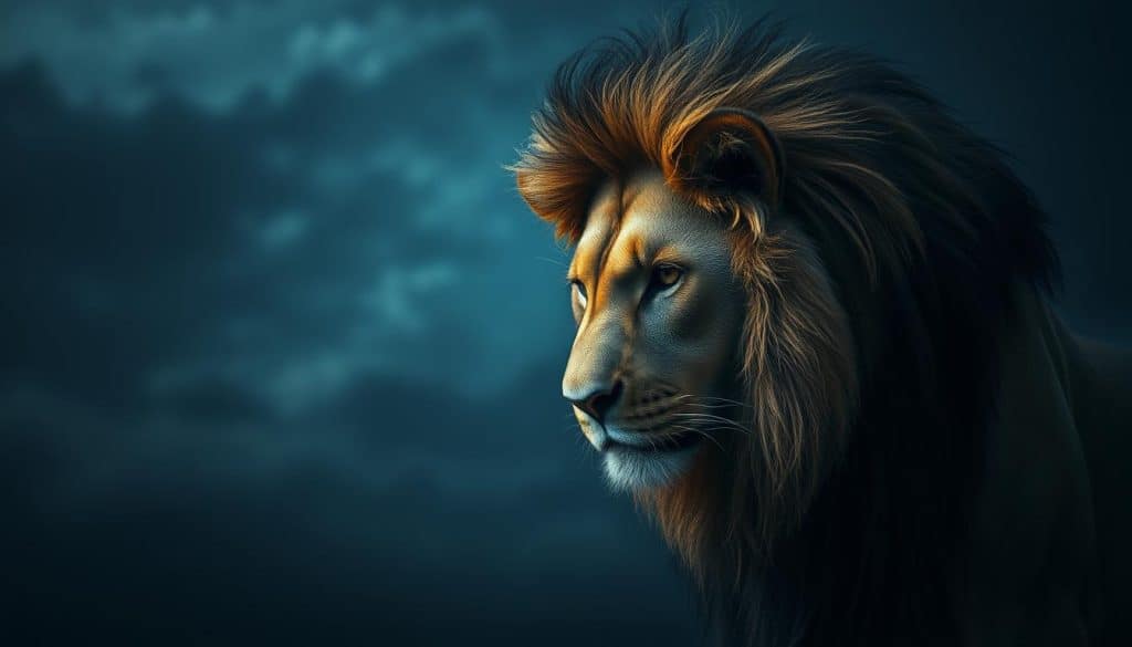 A melancholic lion, its majestic head bowed in contemplation, gazes solemnly against a moody, ethereal backdrop. Wispy clouds part to reveal a somber, indigo sky, hinting at the beast's inner turmoil. The lion's eyes, once fierce and proud, now hold a pensive, introspective glow, reflecting the remorse and regret that often follows a painful separation. Soft, diffused lighting casts dramatic shadows, emphasizing the creature's muscular form and the weight of its emotional burden. This powerful, emotive scene captures the essence of a proud Leo grappling with the aftermath of a broken relationship, their ego and self-assurance shaken to the core.