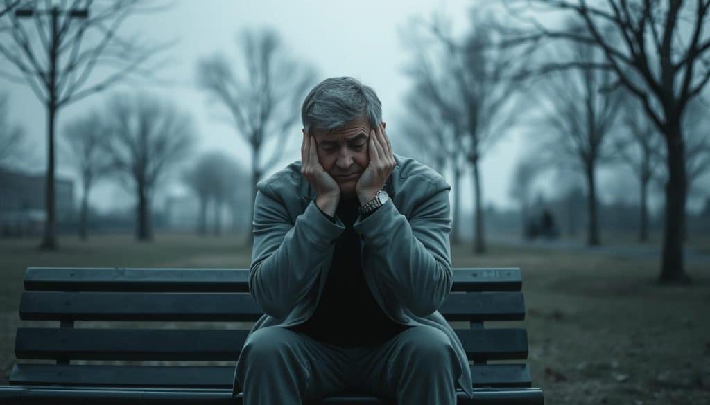 A melancholic middle-aged man sitting alone on a park bench, his head in his hands, contemplating the aftermath of a recent breakup. The somber gray tones of the scene emphasize his dejected emotional state, with a gloomy, overcast sky casting long shadows across the deserted public space. The man's posture and facial expression convey a deep sense of loss, regret, and uncertainty about the future. The image is captured with a medium shot, creating an intimate, introspective atmosphere that invites the viewer to empathize with the subject's inner turmoil following the dissolution of a significant relationship.
