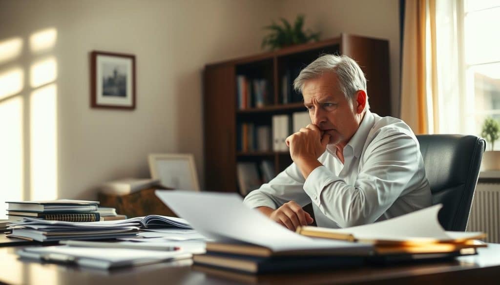 A middle-aged tax advisor sits at a desk, deep in thought, papers and documents scattered before them. The office is softly lit, creating a contemplative atmosphere. Sunlight streams through a window, casting warm shadows across the scene. The advisor's expression is focused, brow furrowed, as they consider the implications of a recent separation and its impact on their client's taxes and financial situation. The image conveys a sense of expertise, professionalism, and the importance of seeking specialized guidance during a complex personal transition.