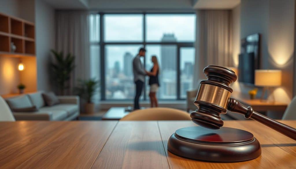 A modern, minimalist apartment interior with clean lines and contemporary furnishings. In the foreground, a judge's gavel rests on a wooden table, symbolizing a legal decision. The middle ground features a couple speaking with a legal professional, discussing a housing assignment. The background depicts a large window overlooking a city skyline, suggesting the gravity and importance of the housing situation. The lighting is soft and warm, creating a contemplative atmosphere. The overall scene conveys the legal complexities and emotional weight of housing assignments, particularly in the context of family separations.
