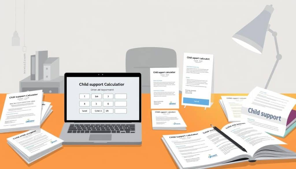 A modern, minimalist illustration depicting a desk setup with various informational materials and resources related to child support and maintenance calculations. In the foreground, a laptop or tablet displays a clean, intuitive interface for an online child support calculator. Surrounding the device, neatly organized folders, pamphlets, and brochures offer detailed guidance and contact information for child support assistance services and legal aid. The middle ground features a warm, wooden desktop surface, while the background showcases a muted, neutral-toned office environment, conveying a sense of professionalism and approachability. Soft, indirect lighting casts a gentle glow across the scene, creating an atmosphere of clarity and helpful resources for individuals navigating the child support system.