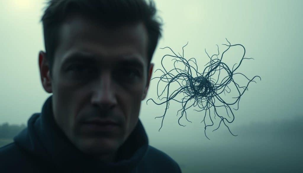 A narcissist, bored with their new partner, employs manipulative strategies to stave off their ennui. In the foreground, the narcissist's face is partially obscured, conveying a sense of hidden motives. The middle ground depicts a tangle of tendrils, symbolic of the narcissist's attempts to control and entangle their partner. The background is a hazy, dreamlike landscape, evoking the narcissist's detachment from reality. Soft, diffused lighting casts an eerie, unsettling atmosphere. The composition is angled to suggest the narcissist's skewed perspective, while the color palette is muted, hinting at the emotional emptiness underlying their actions.