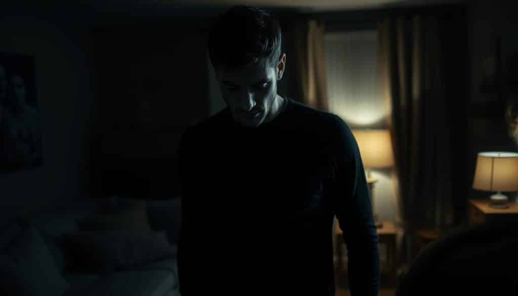 A narcissist in a troubled relationship, brooding and self-absorbed, stands in the foreground, their gaze turned inward. The background depicts a dimly lit, claustrophobic domestic scene, hinting at the tension and discord that permeates their interpersonal dynamics. Soft, muted lighting casts dramatic shadows, creating an atmosphere of emotional detachment and unease. The narcissist's posture is rigid, their expression sullen, conveying a sense of inflated self-importance and a disregard for their partner's needs. The composition suggests the narcissist's inability to empathize, their preoccupation with their own desires, and the isolating effect this has on their relationships.