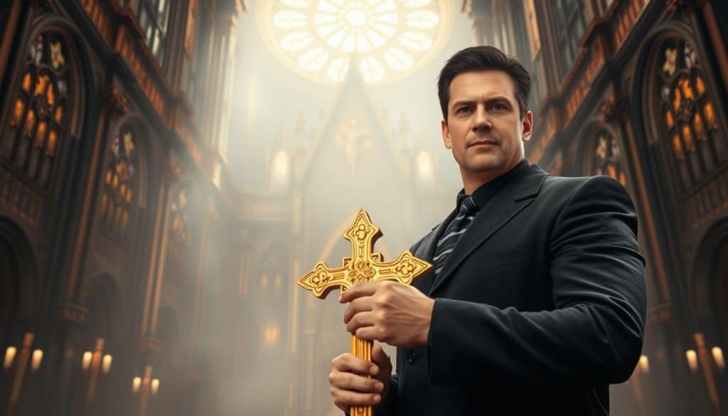 A narcissist stands before a massive cathedral, their face filled with a self-assured expression. The ornate architecture and stained glass windows cast an ethereal glow, suggesting a deep devotion to religious beliefs. In the foreground, the narcissist holds a golden cross, their hand outstretched in a gesture of dominance. The background is shrouded in a hazy, atmospheric light, creating a sense of grandeur and self-importance. The overall scene conveys a paradoxical blend of religiosity and excessive self-focus, reflecting the narcissist's distorted moral convictions.