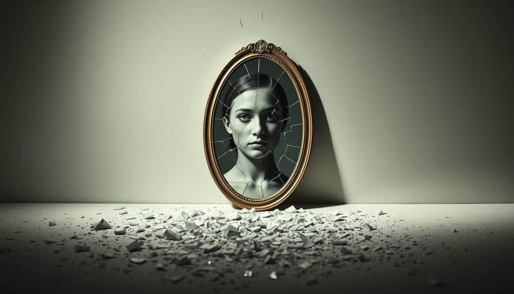 A narcissistic injury, a cracked porcelain facade, shattered self-perception. In the center, a mirror reflects a distorted, fractured image - the Achilles' heel of the narcissist's inflated ego. Shards of glass scatter across a barren, monochromatic backdrop, symbolizing the fragility of their grandiose self-image when confronted with the harsh reality of their flaws. Harsh, dramatic lighting casts dramatic shadows, emphasizing the sense of vulnerability and wounded pride. The composition is tightly framed, claustrophobic, mirroring the narcissist's inability to cope with criticism or self-doubt. An unsettling, discomforting scene that captures the essence of "the word a narcissist cannot bear to hear: 'mistake'".