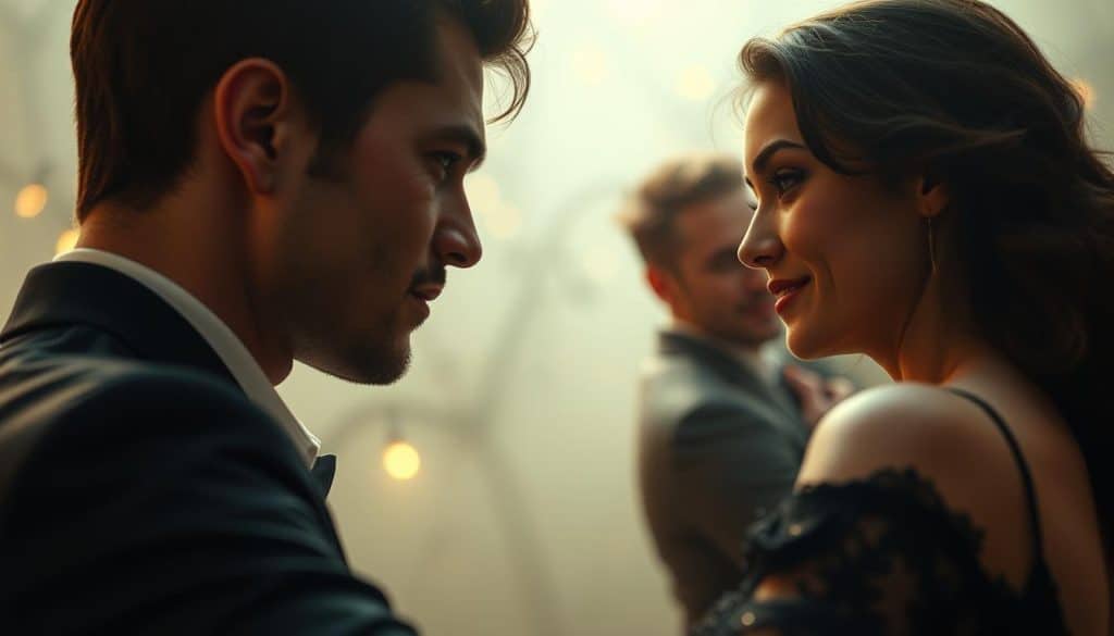 A narcissist's approach strategy unfolds in a dramatic dance of allure and withdrawal. In the foreground, their gaze is intense, a calculated expression of charm and magnetism, drawing the target into their captivating web. The middle ground reveals subtle shifts in body language - a tilt of the head, a coy smile, orchestrated to elicit a desired response. In the background, a hazy, dreamlike setting suggests the narcissist's ability to create an enchanting illusion, obscuring their true motives. Soft, warm lighting casts a seductive glow, while the camera angle suggests a sense of power and control. The overall mood is one of calculated seduction, a facade of warmth and connection masking the underlying manipulation.