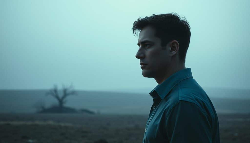 A pensive narcissist stands alone, gazing wistfully into the distance. Crisp, cool lighting illuminates his sullen expression, his focus drawn inward as he contemplates the impact of this newfound separation. In the middle ground, a sparse, barren landscape stretches out, symbolic of the emotional void he now faces. The background fades into a hazy, dreamlike quality, reflecting the narcissist's detachment from his surroundings. Shadows and subtle textures lend depth and drama to the scene, capturing the narcissist's inner turmoil and the isolating effects of distance on his fragile ego.