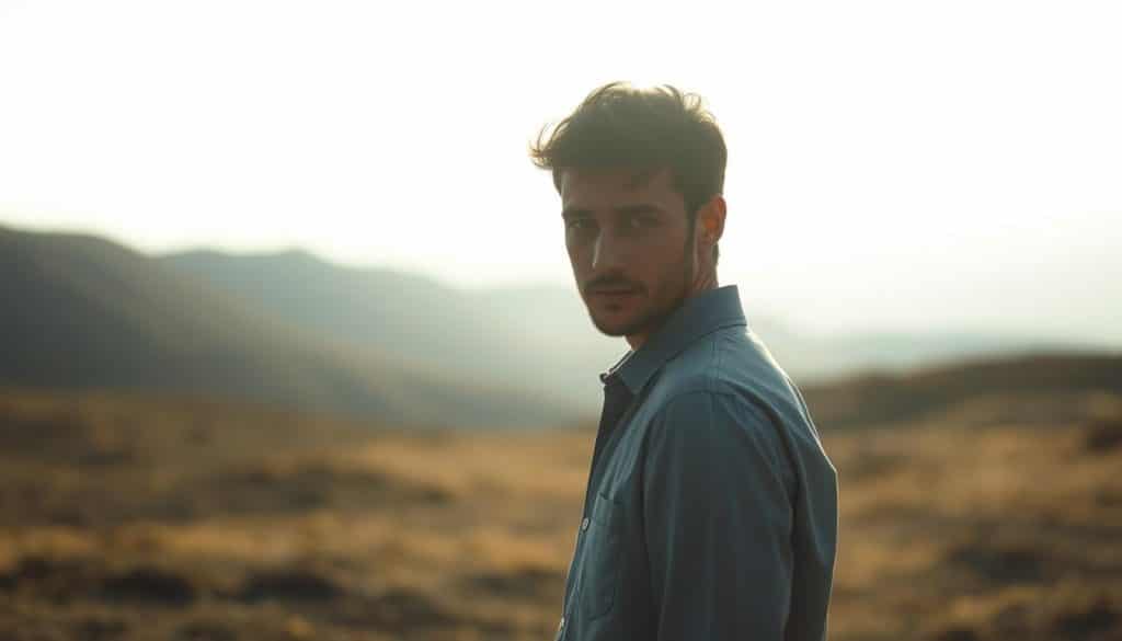 A pensive narcissist stands alone, letting go of their obsession with self-admiration. Soft, natural lighting bathes the scene, creating an introspective mood. In the middle ground, the narcissist's face is partially obscured, symbolizing their internal struggle to relinquish their self-absorption. The background features a minimalist, serene landscape, conveying a sense of tranquility and new beginnings. The composition is balanced, with the narcissist positioned off-center, drawing the viewer's eye inward. The overall tone is one of contemplation and the release of ego, as the narcissist begins to 'let go' of their need for constant attention and validation.
