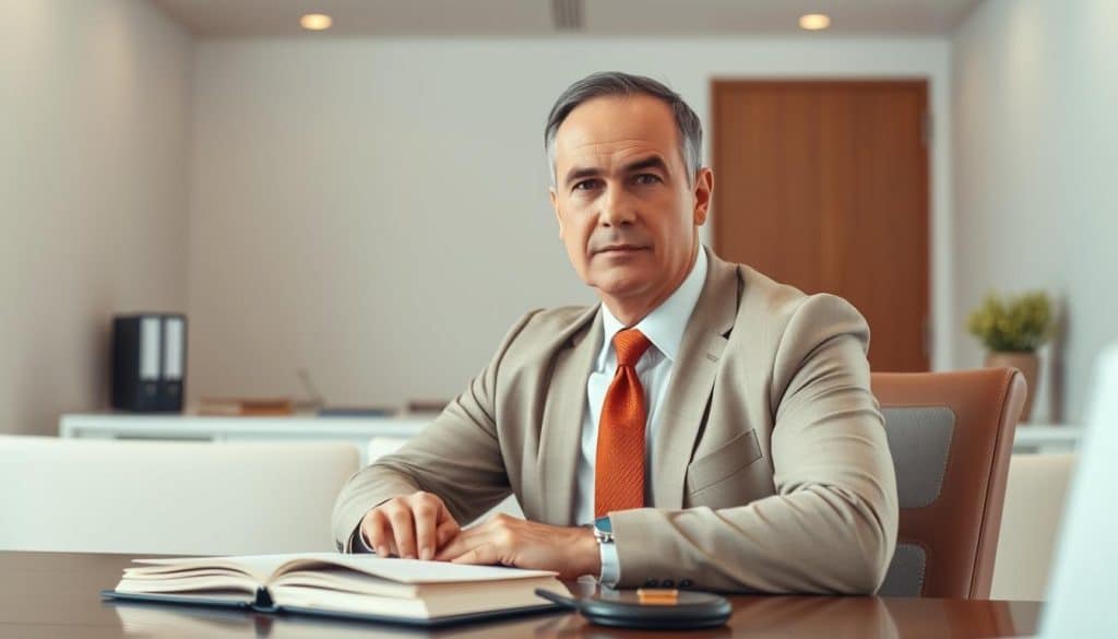 A professional and serious-looking attorney sitting at a desk, wearing a suit and tie, with a book, documents, and a laptop in front of them. The attorney has a focused, thoughtful expression, conveying expertise and authority. The background is a clean, minimalist office setting with neutral colors, giving a sense of a calm, professional environment. Warm, directional lighting illuminates the scene, creating depth and highlights the attorney's face and workspace. The overall atmosphere is one of competence, reliability, and legal expertise.